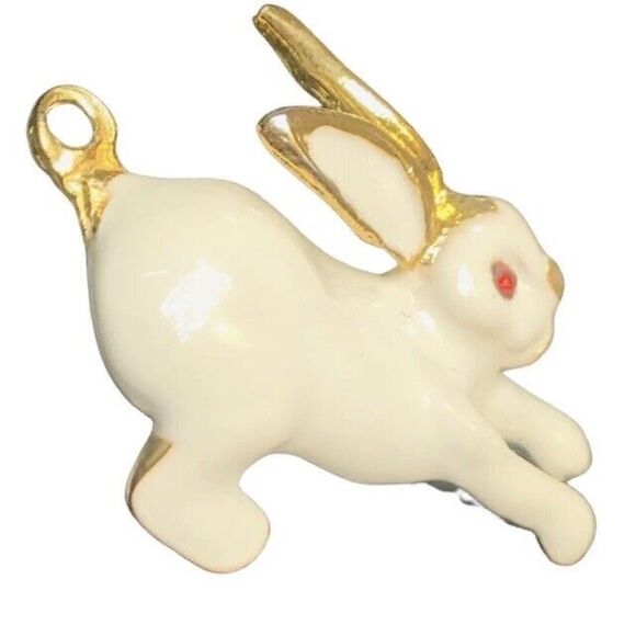 White Bunny Rabbit Pendant Brooch 1.5" red Eyes Gold Tone Whimsical Vintage - Picture 5 of 10
